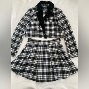 Lapel Collar Plaid Crop Blazer and Skater Skirt Set